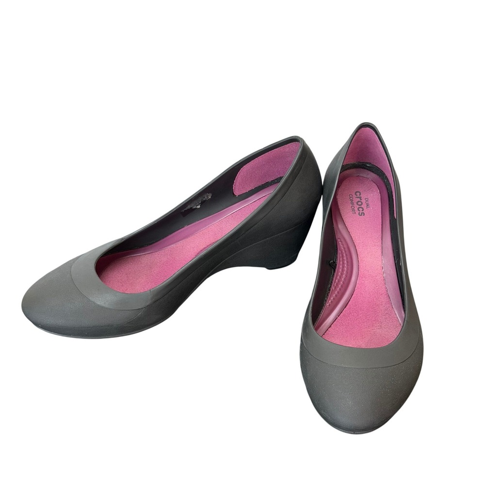Crocs 203408 Lina Dual Comfort Black Pump Wedge Heel 8 Lightweight